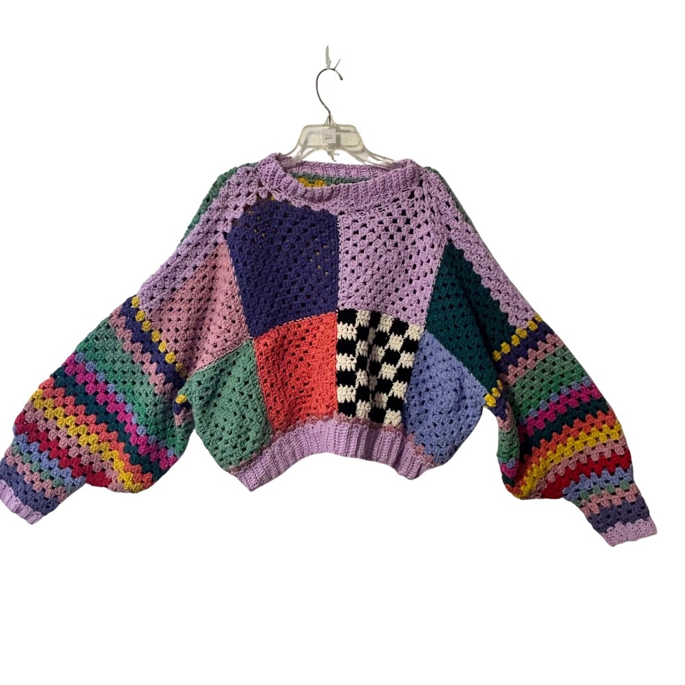 Handmade Crochet Patchwork Sweater Rainbow Granny Square Checkerboard Cropped - Picture 2 of 10